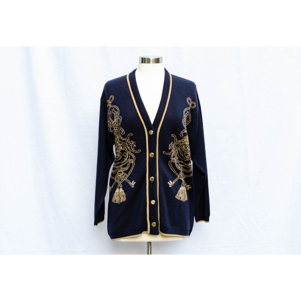 Vintage Italian Wool‎ Cardigan Womens L Dark Blue w Equestrian Accents CARIOLO